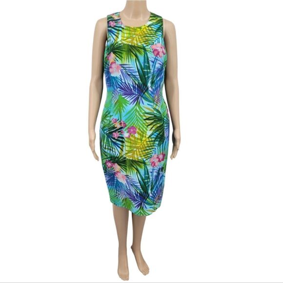 Maggy London Silk Blue Green Tropical Print Sleeveless Midi Sheath Dress Y2K - Picture 1 of 10